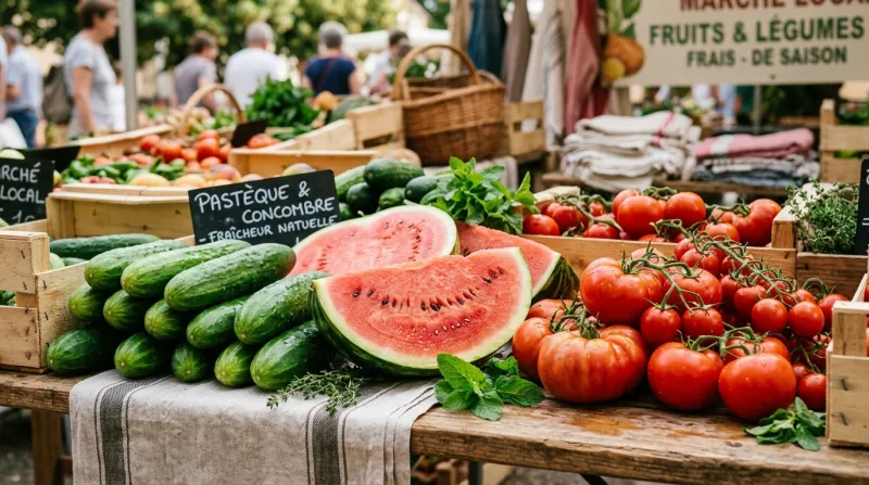Une photo de fruits et légumes frais et hydratants comme du concombre, de la pastèque et des tomates