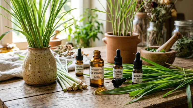 Une photo de flacons d'huiles essentielles et de plantes de citronnelle