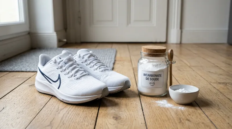 Une photo de poudre de bicarbonate de soude à côté d'une paire de chaussures de sport propres.