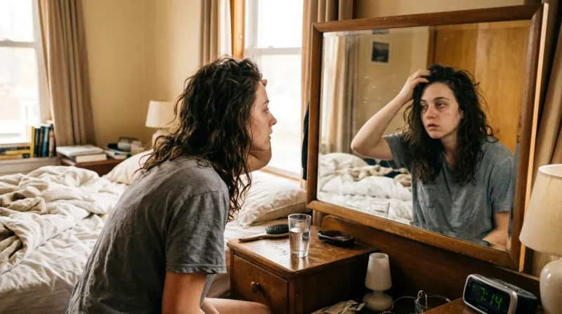 Une photo d'une personne fixant attentivement son reflet dans un miroir au réveil