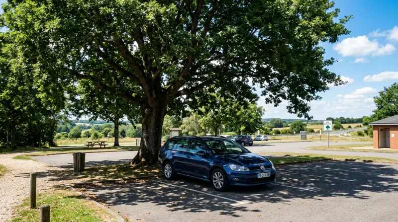Une photo d'une voiture stationnée à l'ombre d'un grand arbre sur une aire de repos par une journée 