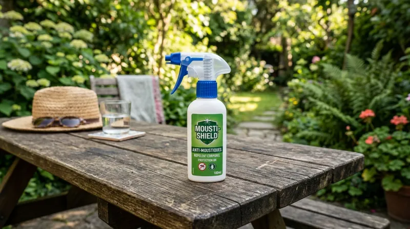 Une photo d'un flacon de spray antimoustique posé sur une table en bois en extérieur