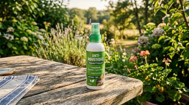 Une photo d'un flacon de spray répulsif posé sur une table en bois en extérieur