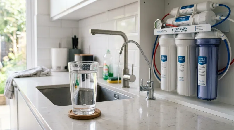 Une photo d'un verre d'eau limpide à côté d'un système de filtration d'eau domestique