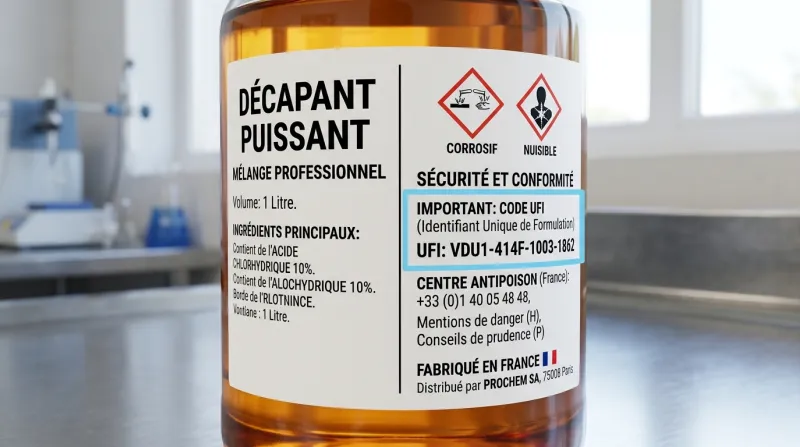 Une photo d'un flacon de produit avec une étiquette claire mettant en évidence un code UFI