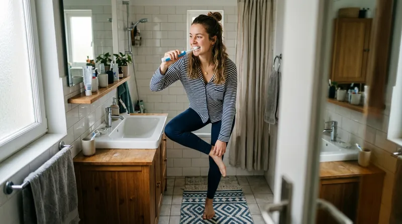 Une photo d'une personne se brossant les dents en équilibre sur une seule jambe dans une salle de ba
