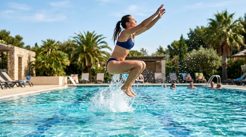 Une photo d'une personne effectuant un squat sauté dynamique dans une piscine