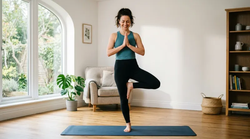 Une photo d'une personne pratiquant des exercices d'équilibre en toute sécurité dans un intérieur ca
