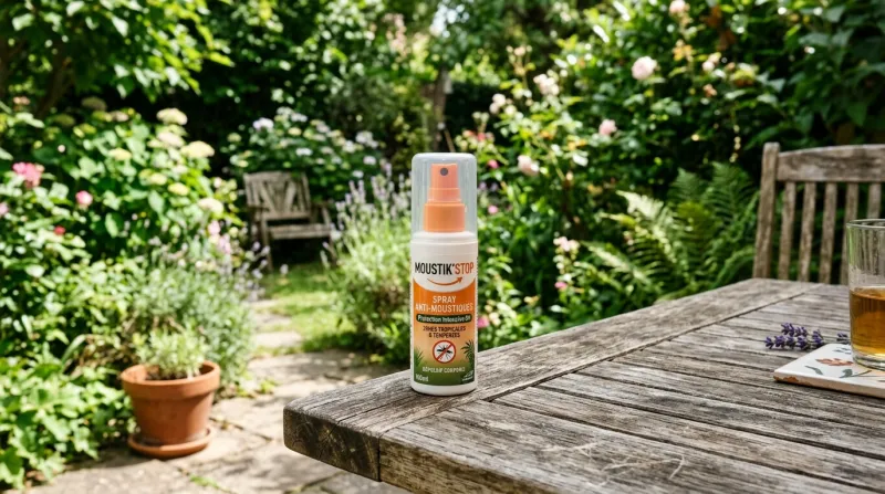 Une photo d'un flacon de spray anti-moustiques posé sur une table en bois dans un jardin.