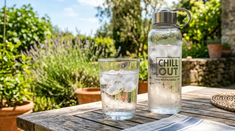 Une photo d'un verre d'eau fraîche avec des glaçons et une bouteille d'eau réutilisable sous un sole