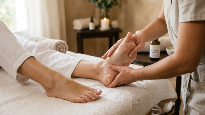 Une photo de pieds recevant un massage apaisant avec une crème de soin hydratante