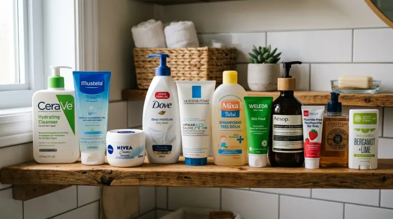 Une photo de différents flacons de produits de soin et d'hygiène destinés à toute la famille