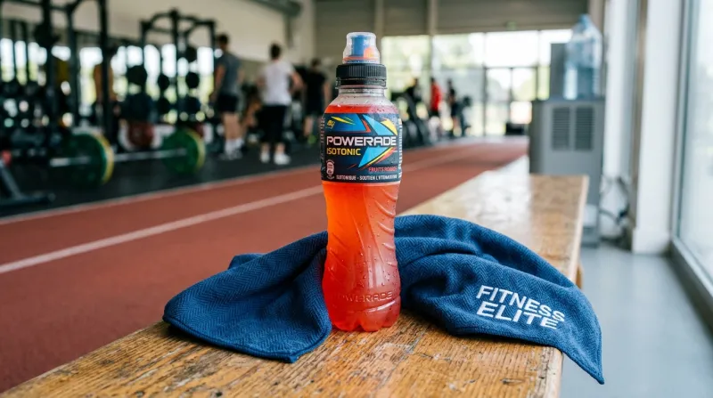Une photo d'une bouteille de boisson isotonique colorée posée à côté d'une serviette de sport.