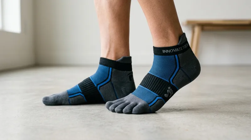 Une photo de chaussettes techniques innovantes à cinq doigts sur un fond épuré