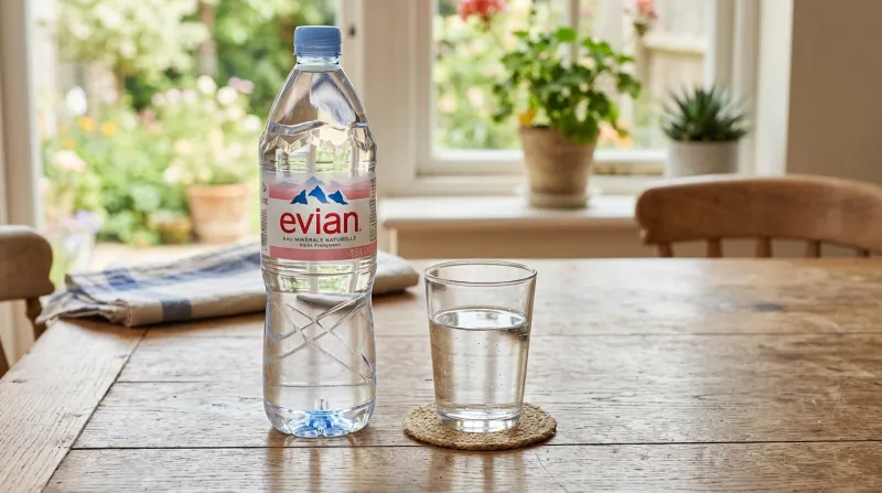 Une photo d'une bouteille d'eau de 1,5 litre et d'un verre d'eau sur une table
