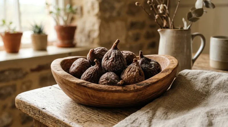 Une photo de quelques figues séchées présentées sur une coupelle en bois