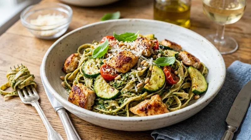 Une photo d'un plat appétissant de pâtes complètes au pesto d'épinards, garni de morceaux de volaill