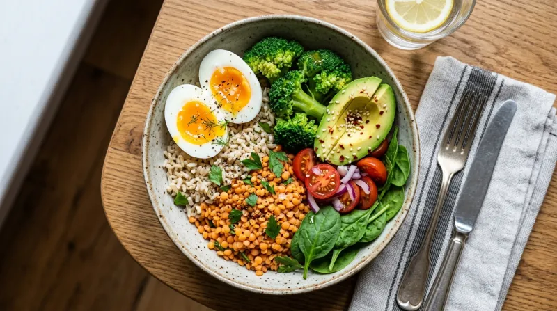 Une photo vue du dessus d'un bol repas sain et coloré garni de lentilles corail, de riz complet, de 