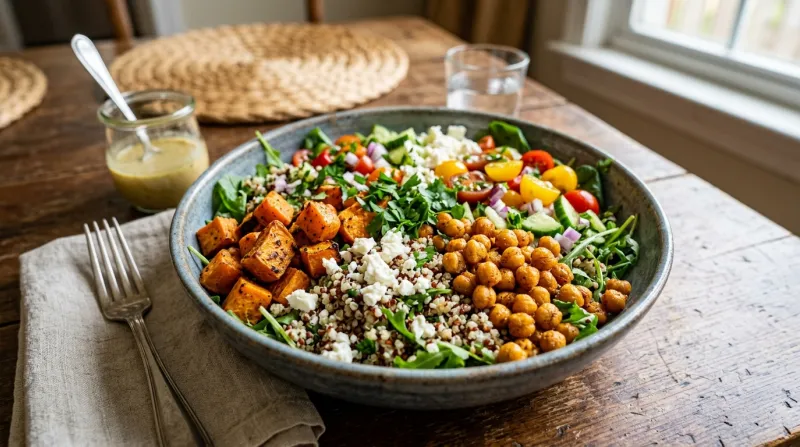 Une photo appétissante d'un bol de salade colorée au quinoa, avec des dés de patate douce rôtie, des