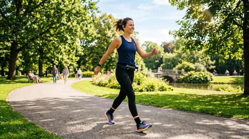 Une photo d'une personne en train de faire de la marche active dans un parc ensoleillé
