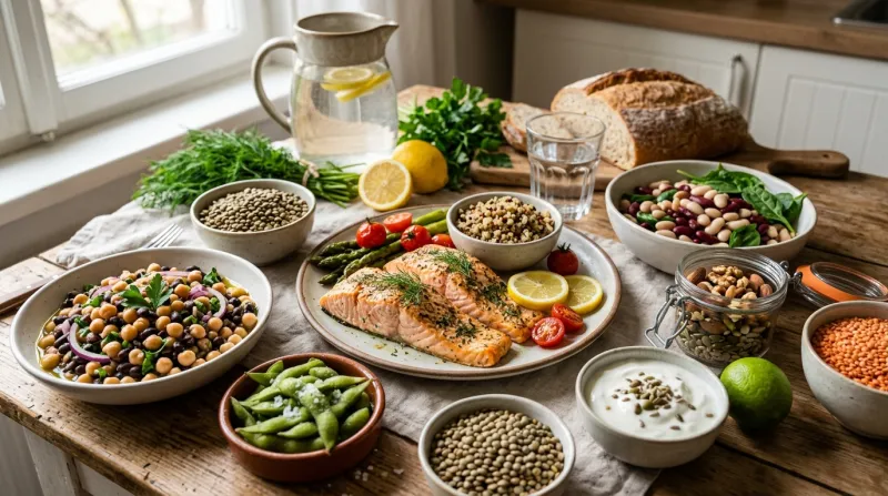 Une photo d'un assortiment de protéines saines avec du poisson et diverses légumineuses