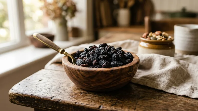Une photo de raisins secs dans un petit bol en bois