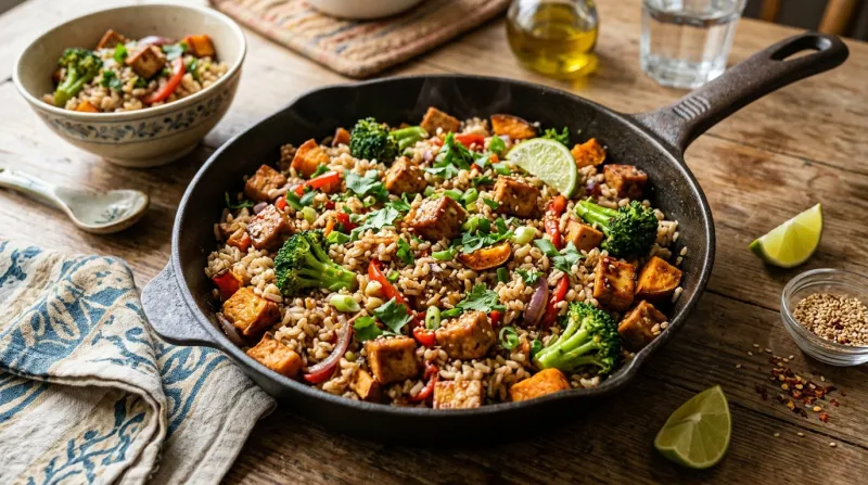 Une photo d'une poêlée appétissante de riz complet avec des morceaux de patate douce rôtie, des fleu