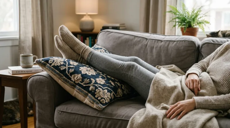 Une photo de jambes surélevées sur un coussin confortable pendant un moment de repos