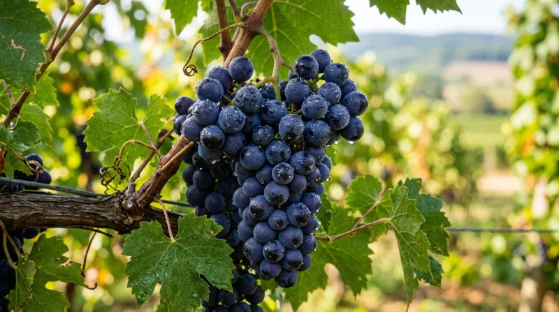 Une photo d'une grappe de raisins frais et juteux avec des gouttelettes d'eau