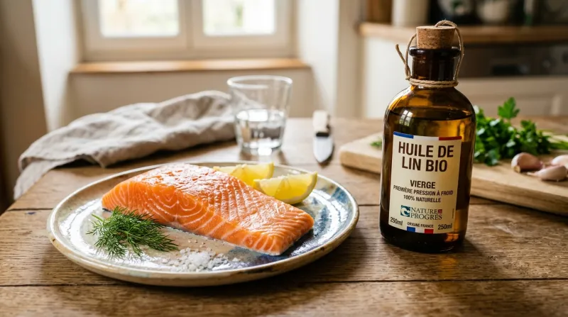 Une photo d'un filet de saumon frais accompagné d'une bouteille d'huile de lin
