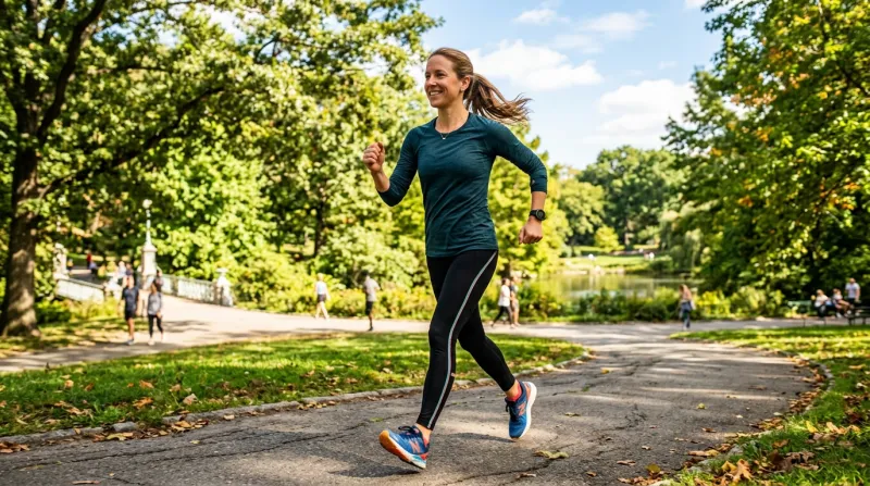 Une photo d'une personne pratiquant la marche active d'un pas dynamique dans un parc ensoleille