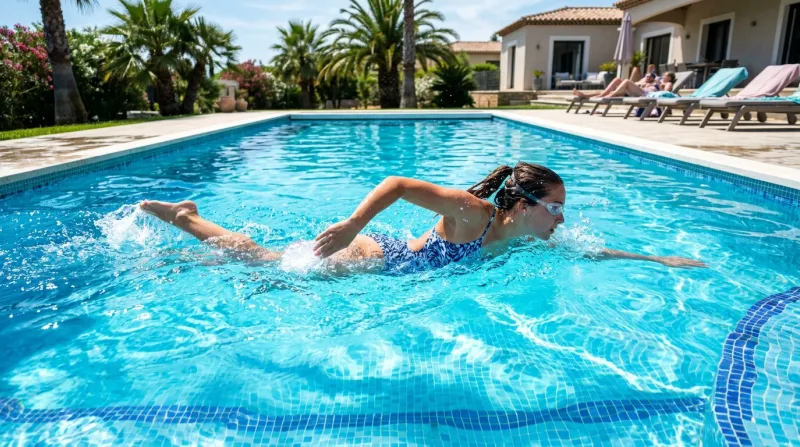 Une photo d'une personne nageant dans une piscine lumineuse aux eaux limpides