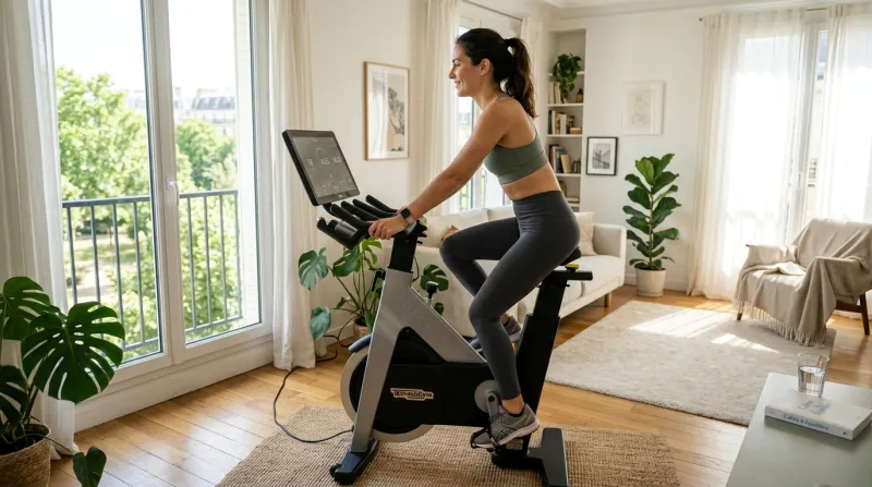 Une photo d'une personne s'entraînant sereinement sur un vélo d'appartement dans un intérieur lumine