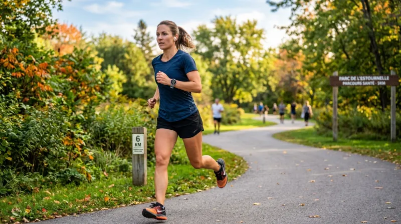 Une photo d'une personne faisant son jogging en extérieur avec une montre de suivi d'activité, symbo