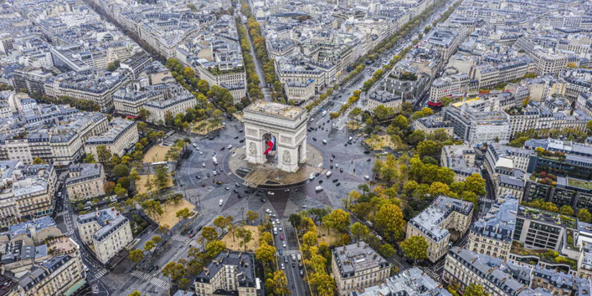 arc de triomphe from the sky, paris