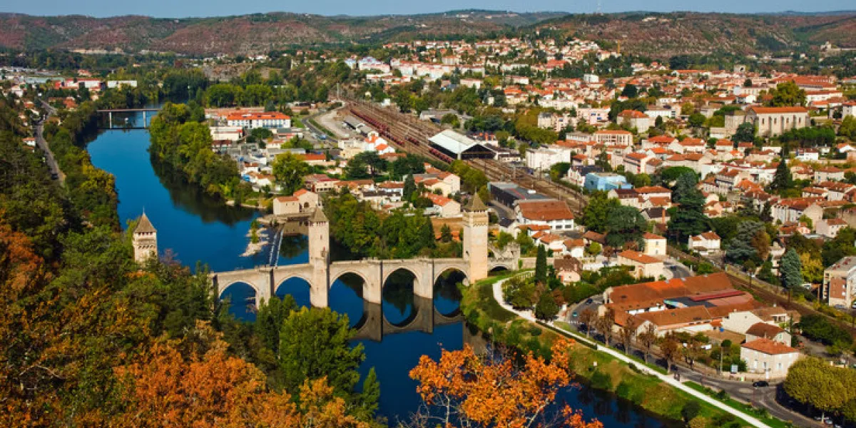 autumn view from above to pont valentre, cahors, france autumn view from above to pont valentre, cahors, france