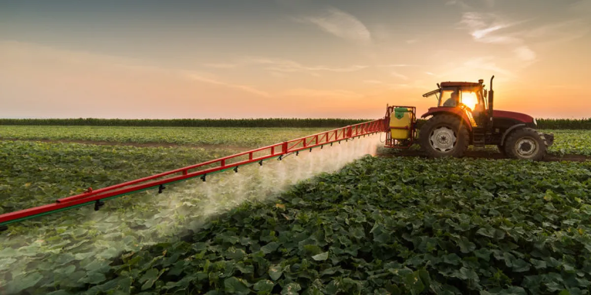 tractor spraying pesticides on vegetable field with sprayer at spring