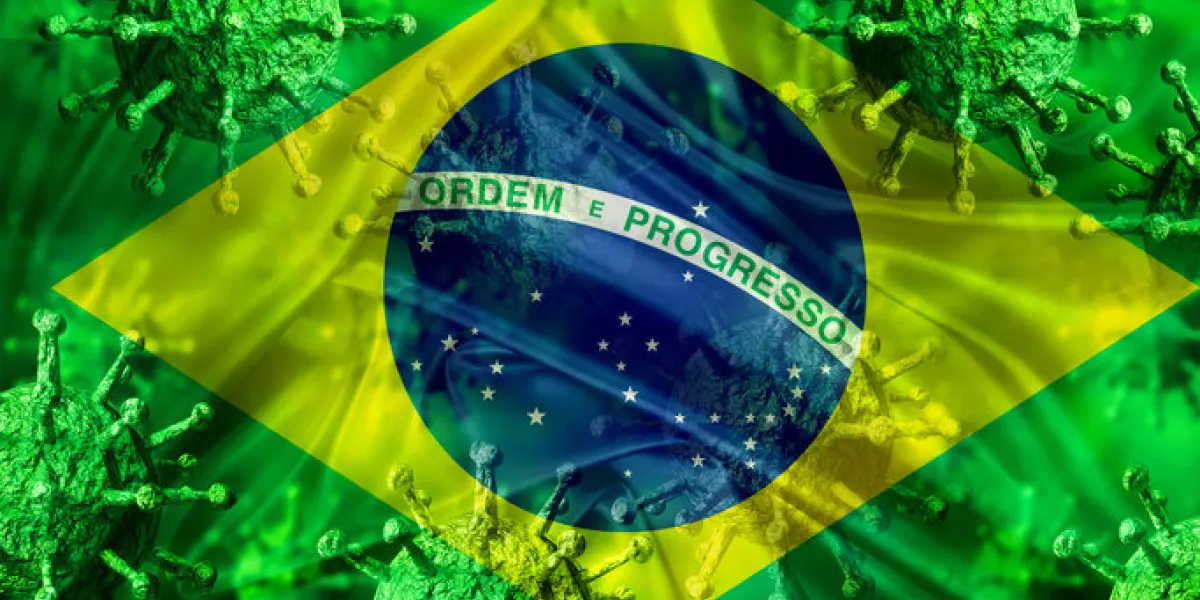 covid-19 disease caused by the coronavirus contaminating brazil national flag flying with virus 3d rendering