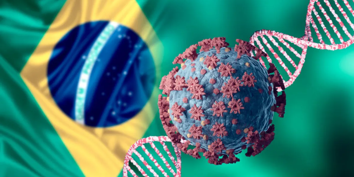coronavirus and dna, virus mutation and new strain from brazil brazilian variant sars cov 2 microscopic view 3d illustration