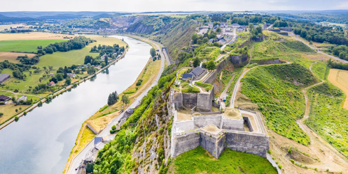 fortress of charlemont protects givet town on the belgian border and dominates meuse river as it bends citadel, surrounded by outworks ardennes department in northern france