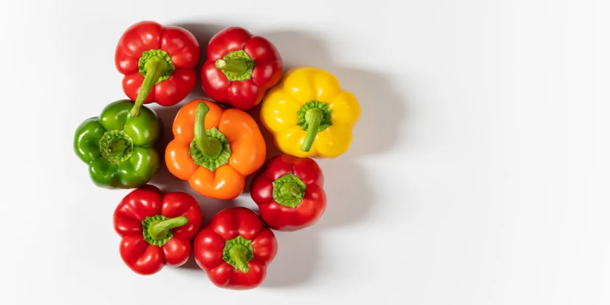 colored bell peppers on white background green, yellow, orange and red pepper food concept fresh ripe vegetables top view, copy space