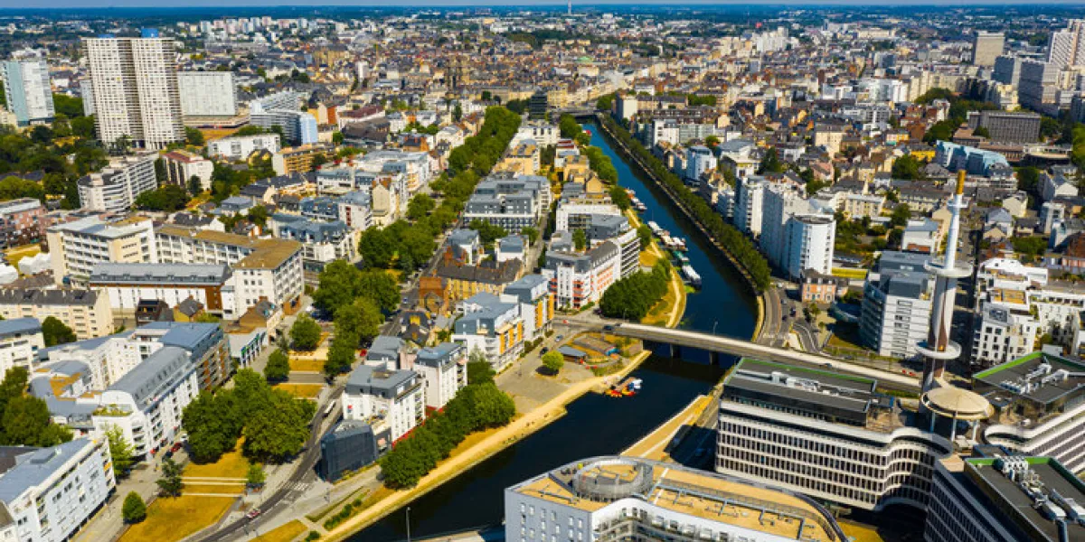 panoramic view of rennes city with modern apartment buildings , administrative center of brittany region, france