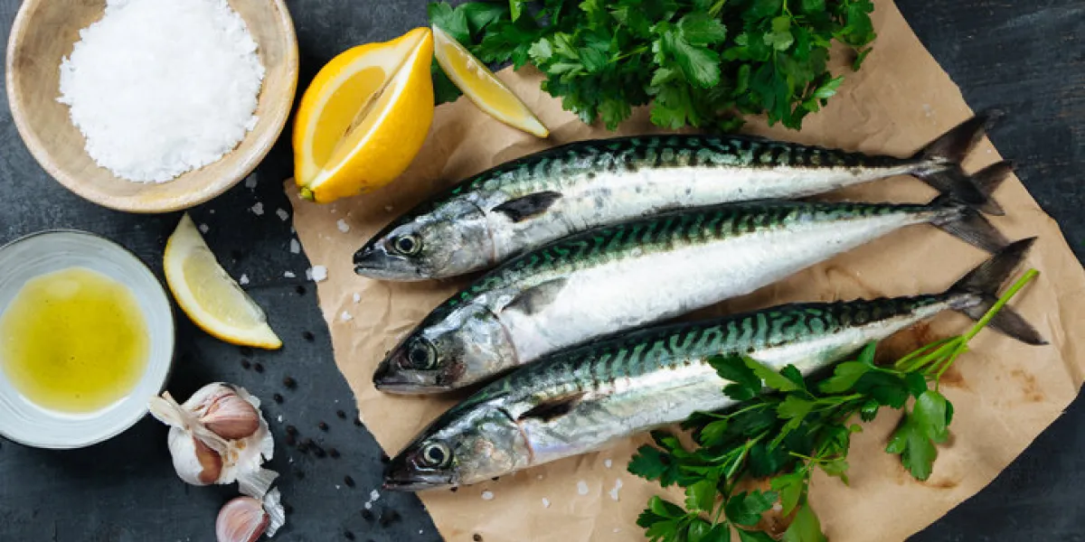 fresh mackerel fish on paper with lemon, salt, olive oil, garlic, parsley and pepper top view fresh mackerel fish on paper with lemon, salt, olive oil, garlic, parsley and pepper top view