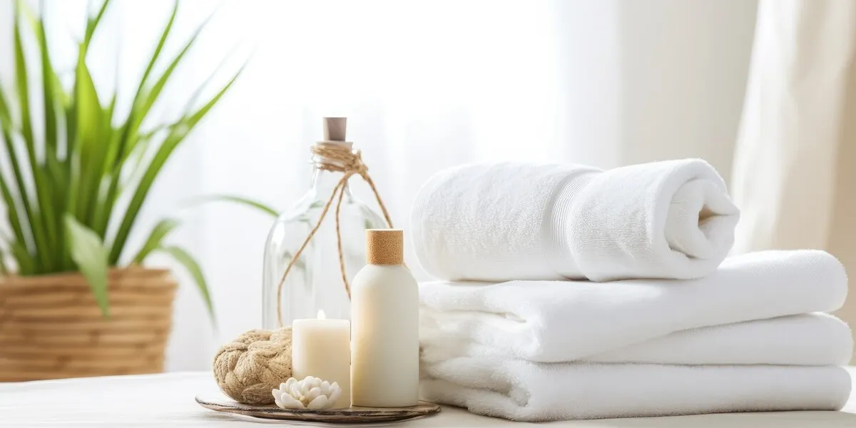 towels with herbal bags and beauty treatment items setting in spa center in white room, generative ai