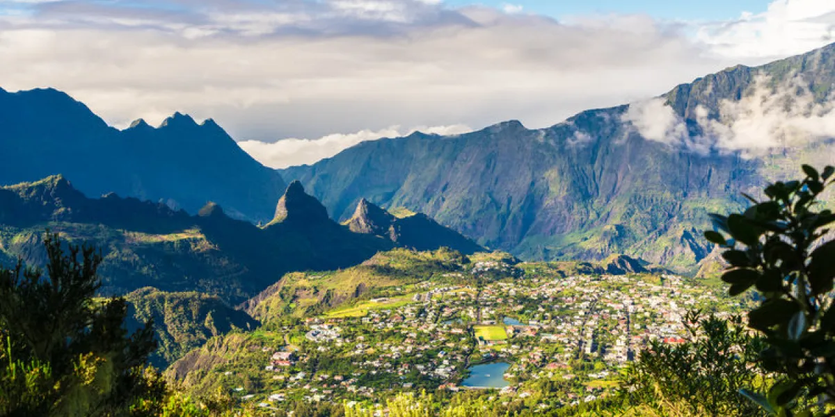 landscape with cilaos town in cirque de cilaos, la reunion island landscape with cilaos town in cirque de cilaos, la reunion island