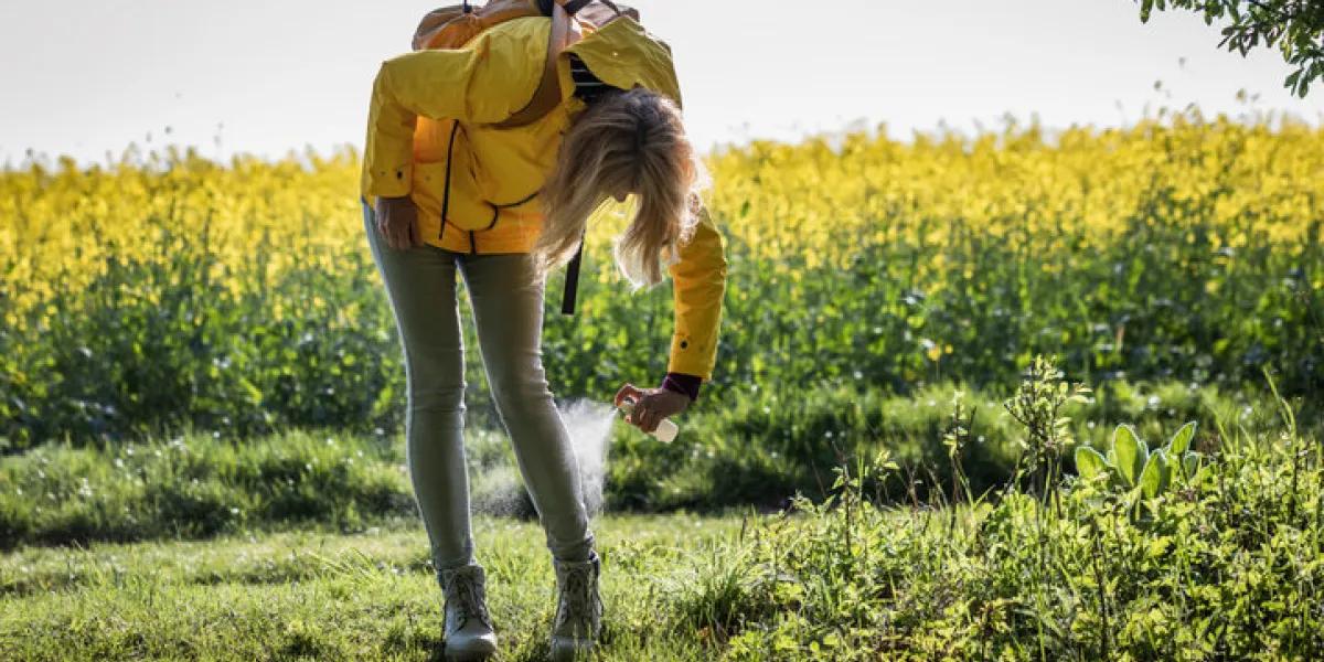 tourist spraying insect repellent on her legs and hiking boots protection against tick outdoors tourist spraying insect repellent on her legs and hiking boots protection against tick outdoors