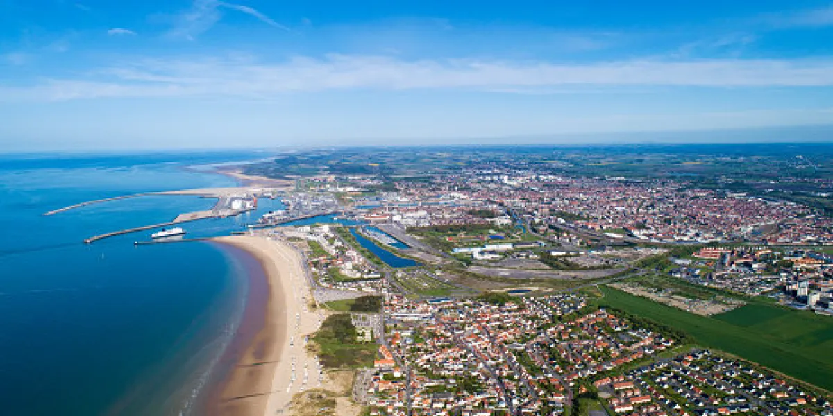aerial view of calais city and harbor, france aerial view of calais city and harbor, france