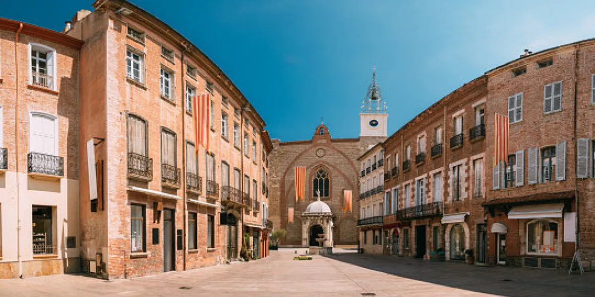 perpignan, france leon gambetta square and cathedral basilica of saint john the baptist of perpignan in sunny summer day perpignan, france leon gambetta square and cathedral basilica of saint john the baptist of perpignan in sunny summer day