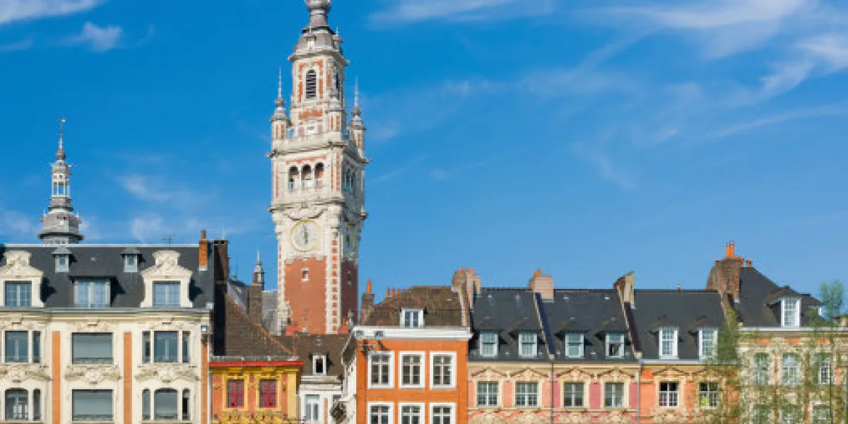 view on chamber of commerce in lille under the blue sky view on chamber of commerce in lille under the blue sky
