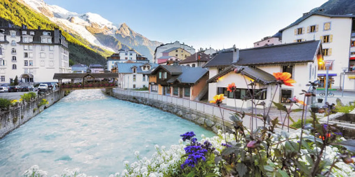the village of chamonix, france view over the river arve